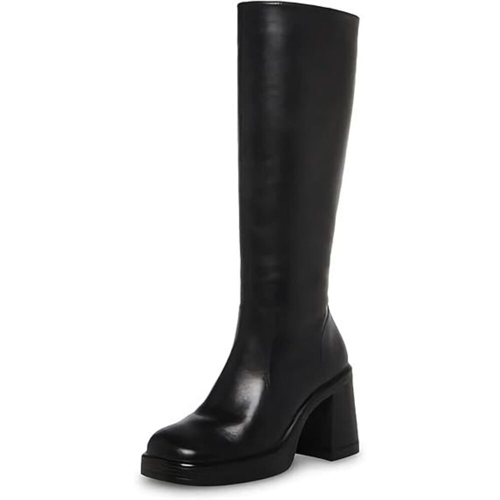 Women's Black Square Toe Side Zip Chunky Block Heeled Casual Leather Boots